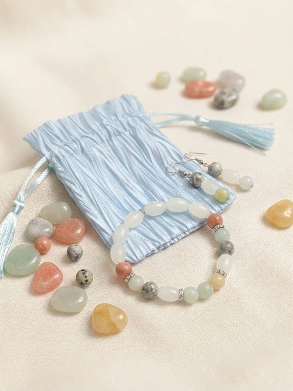 Multicolor Pastel Stone Beaded Stretch Bracelet & Earrings Jewelry Set